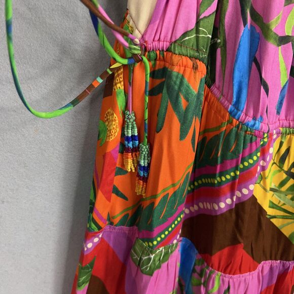 Farm Rio Dress Womens Large Bright Palila Fringed Midi Tropical Boho Beaded Loud - Picture 4 of 16